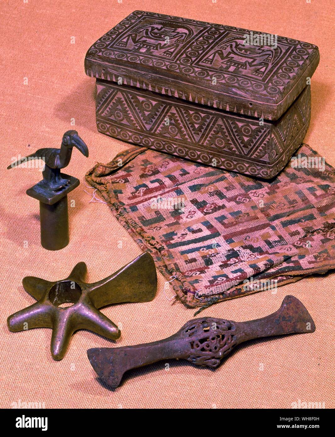 Inca bag for holding crushed coca leaves, sewing box, staft head, club head and carving tool. Stock Photo