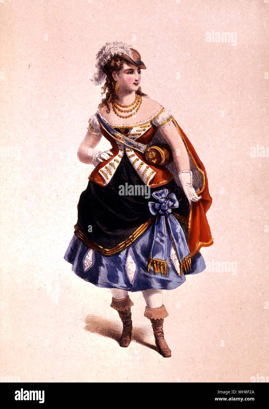 Vivandières costume 1860. La Vie Parisienne by Joanna Richardson (1860), page 91. La Vie Parisienne (Parisian Life), composed by Jacques Offenbach (1819-1880), is a five-act opera about cosmopolitan life in Paris in the 1860s.. Vivandières (Hospitality giver) played an interesting, and often obscure role in the American Civil War. They travelled with soldiers for little or no pay as sutlers, mascots or nurses, while others fought alongside their male counterparts. Most Vivandières and regimental daughters were mascots, present for parades and reviews but not often seen in battle.. Officially Stock Photo