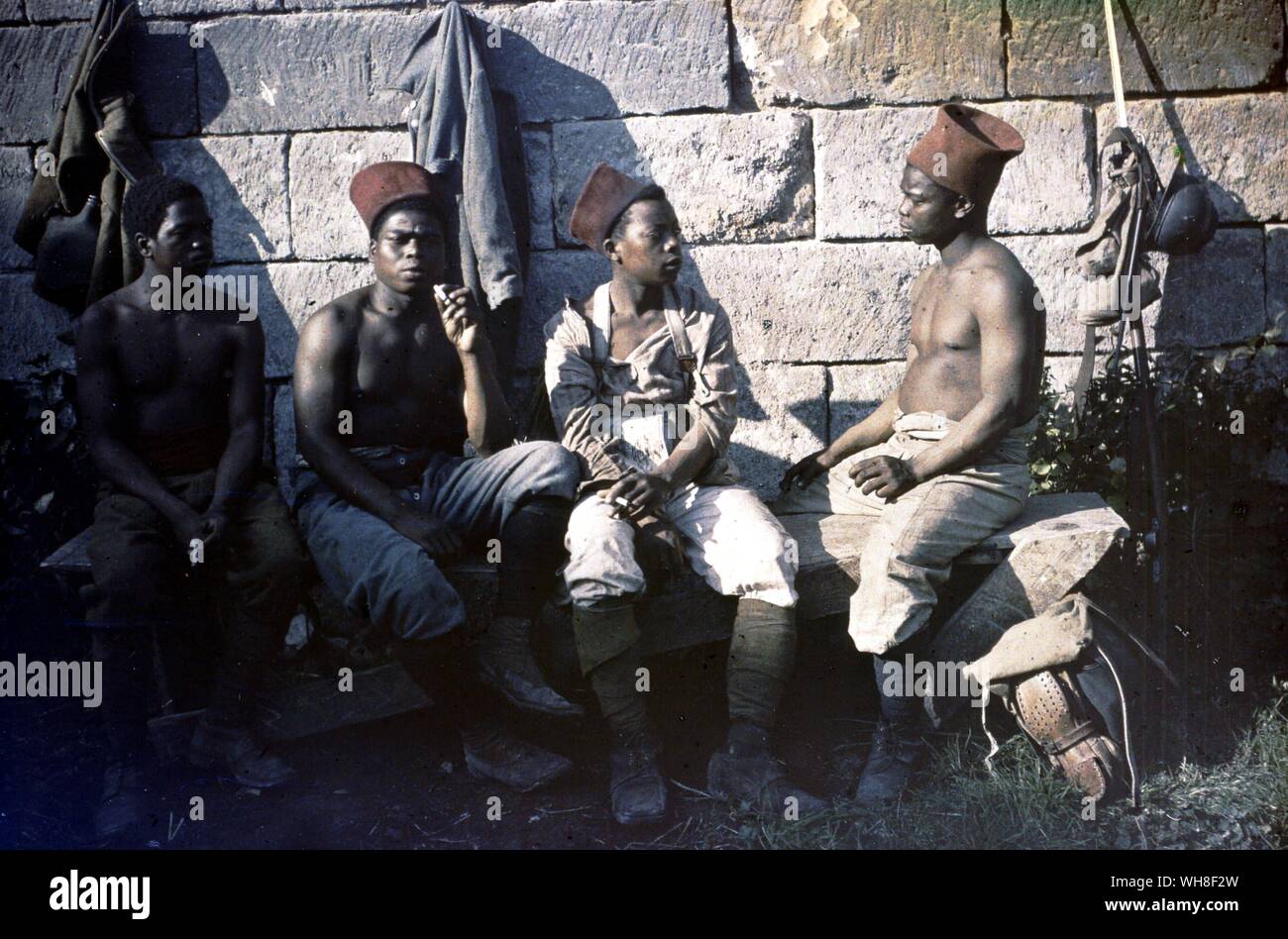 World War One. One of the first colour photos taken. The Great War by Correlli Barnet.. An early photograph of French Senegalese soldiers . These crack troops were to join with US troops and deliver the opening blow of the Allied counter offensive of Marne in July 1918. . . Stock Photo