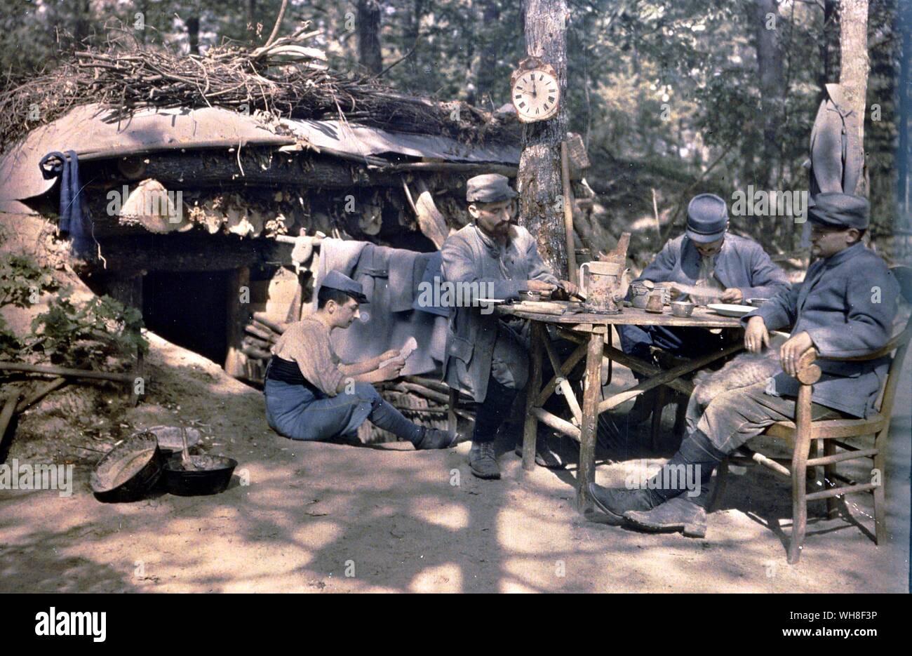 World War One. French Infantry in Somme Ivry, France. One of the first colour photos taken. The Great War by Correlli Barnet. Stock Photo