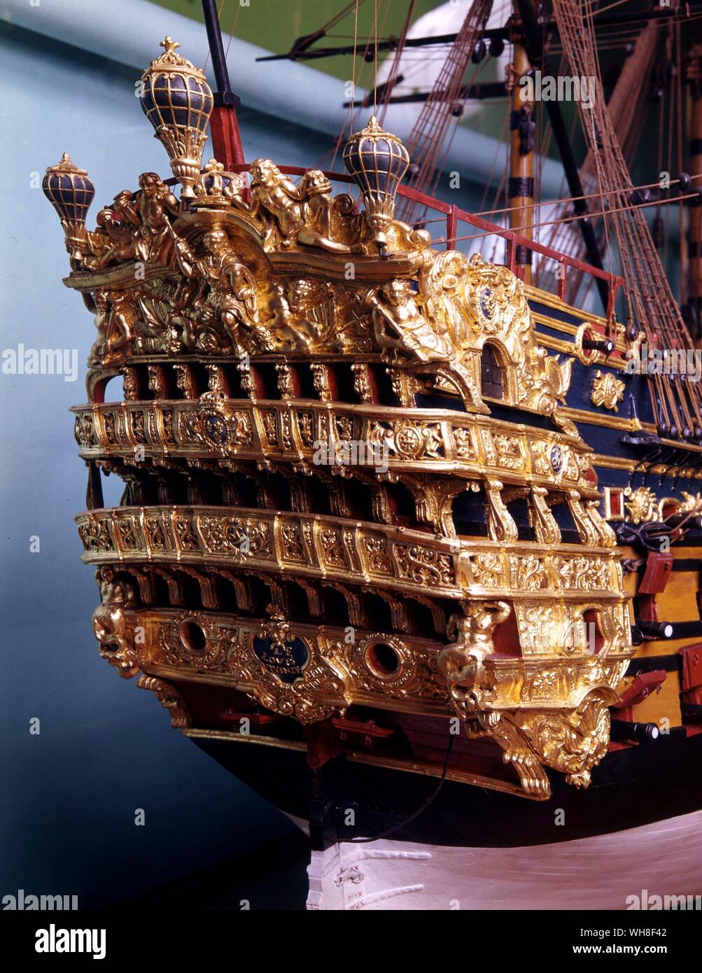 The Louis XV, stern. Model of a three-deck ship, built to instruct the young Louis XV, circa (1720-1725). Burnt by English at La Hogue.. In 1748, the encyclopaedist and inspector-general of the French navy Henri-Louis Duhamel du Monceau bequeathed to King Louis XV what was then the largest collection of model ships and dockyard machines, on the stipulation that it would be displayed at the Louvre. . . Stock Photo