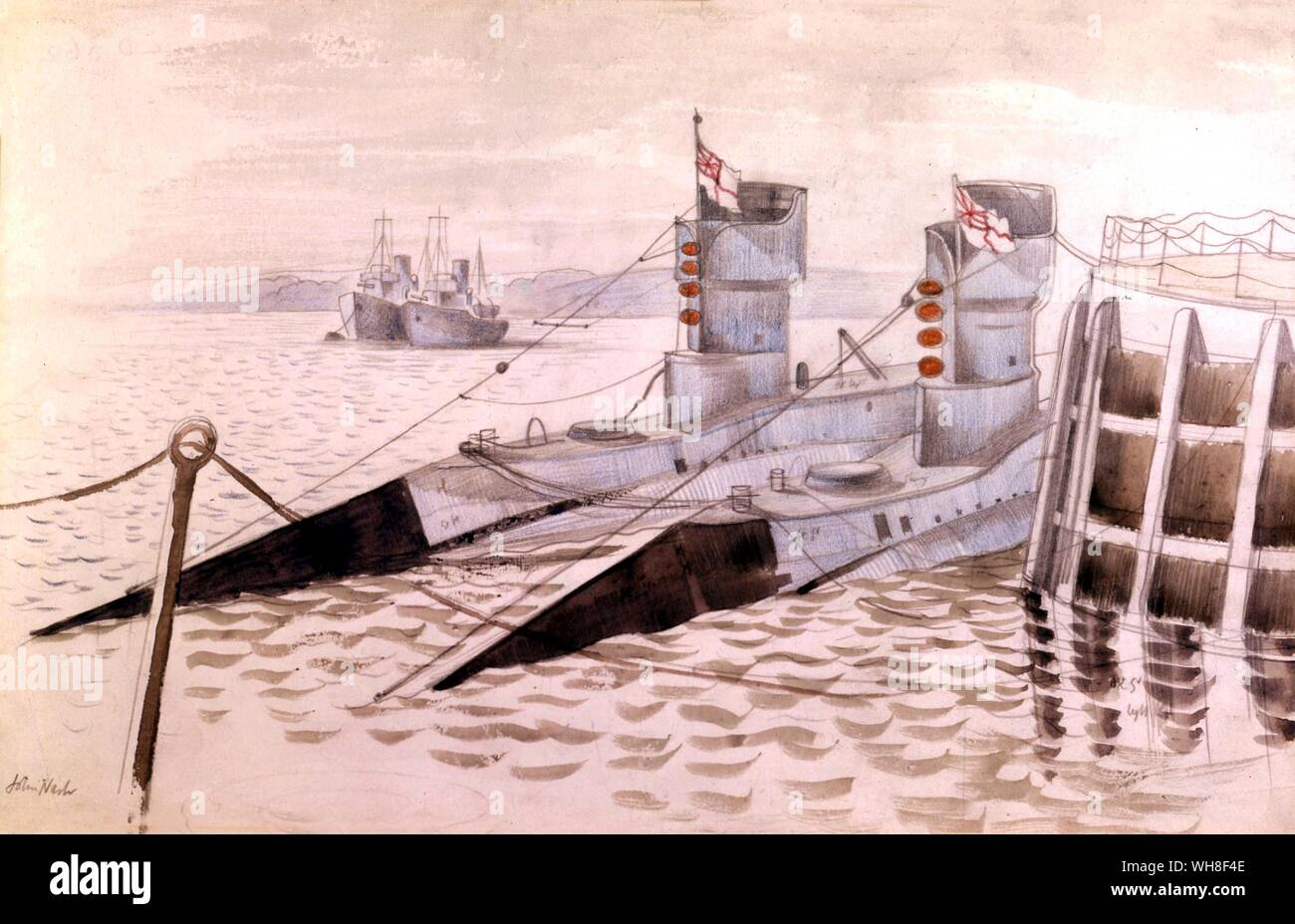 John Nash (1893-1977), Two submarines by a jetty. The Great War by Correlli Barnet. Stock Photo