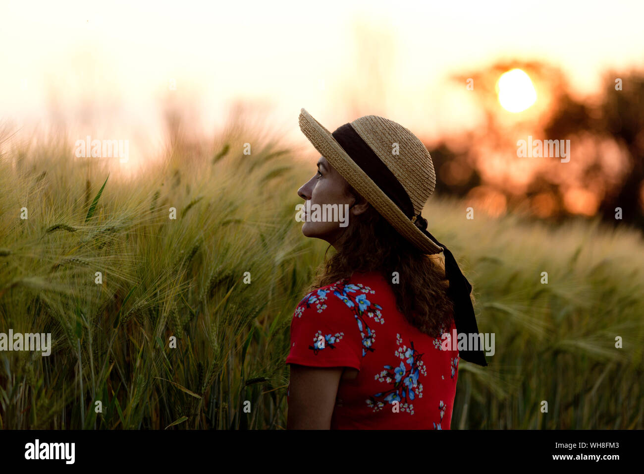 Woman in front of grain field wearing straw hat and red summer dress ...