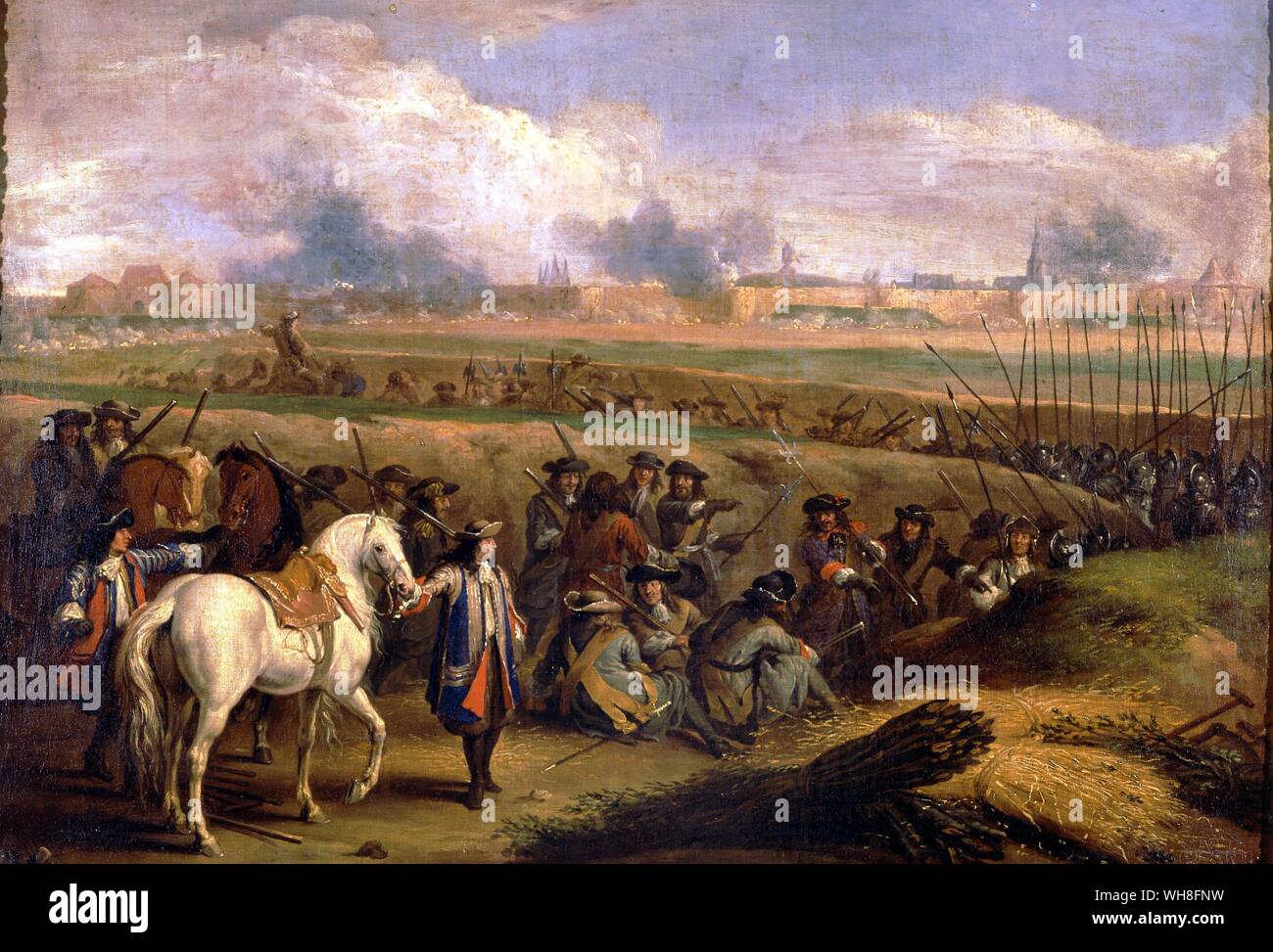 Siege of Tournai by Marlborough 1667. From Marlborough by Correlli Barnett, page 38. Soldiers with pikes advance on the town along a protective trench. In the foreground is a pikeman, probably from a Swiss unit since he has arm cops and tassets. Soldiers are mostly in grey and a servant in the royal livery holds the king's horse.. John Churchill, 1st Earl of Marlborough (1650-1722), in full The Most Noble Captain-General John Churchill, 1st Duke of Marlborough, Baron Churchill of Sandridge, Lord Churchill of Eyemouth, (in addition to these English and Scottish titles he was also Prince of Stock Photo