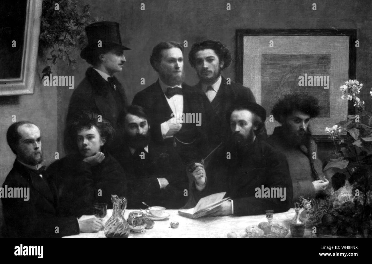 Group including Paul Marie Verlaine, (1844-1896) French poet and (Jean Nicolas) Arthur Rimbaud (1854-1891), also a French poet, (bottom left), by Ignace Henri Fantin-Latour, (1836-1904). French painter and lithographer.. . . Stock Photo
