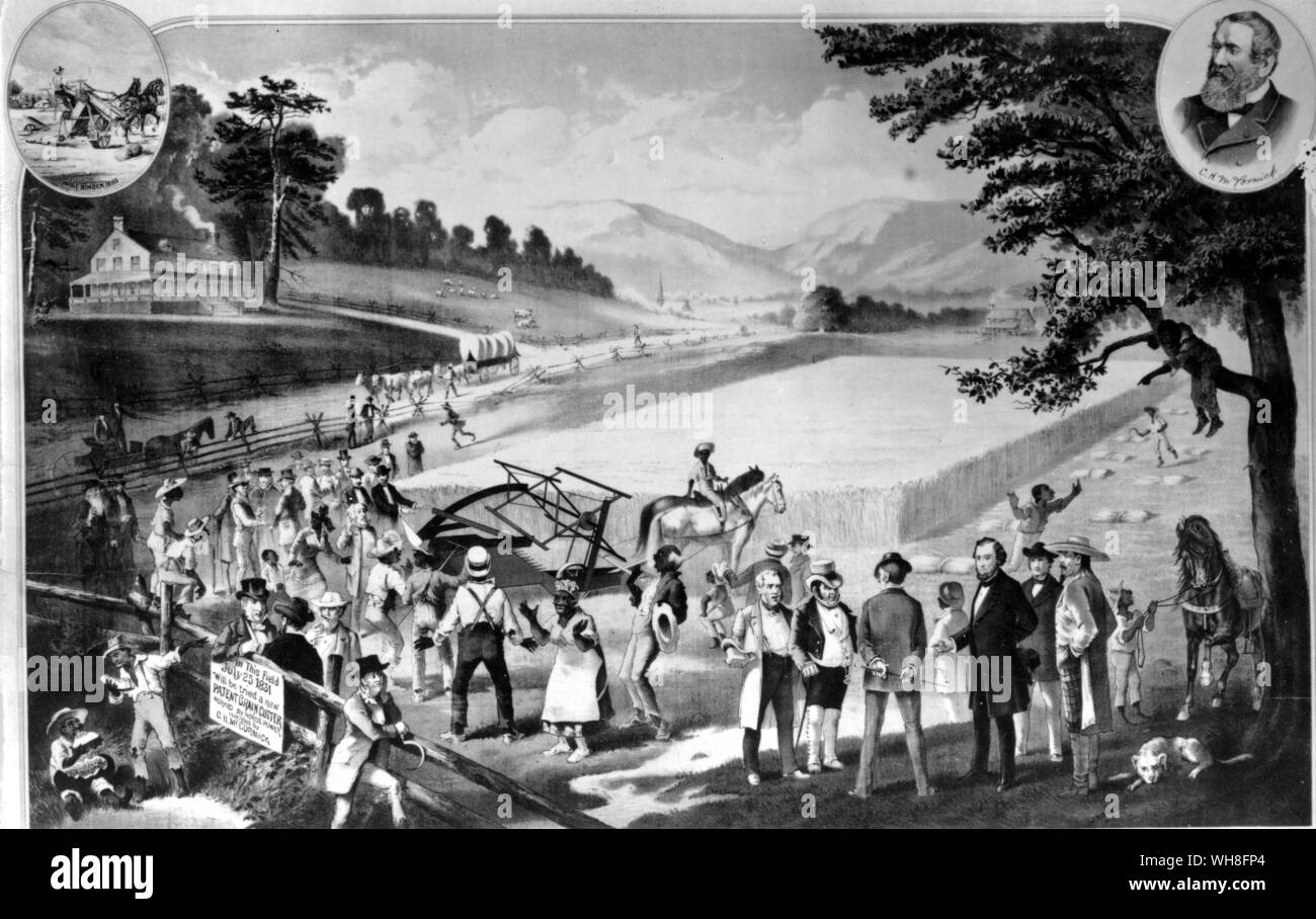 Lithograph of the trial of Cyrus McCormick's (1809-1884) first reaping machine. Testing of the first reaping machine took place near Steeles Tavern in 1831. It was the first successful mechanical reaper and gave rise to the new era in raising grain. . . . . . . . Stock Photo