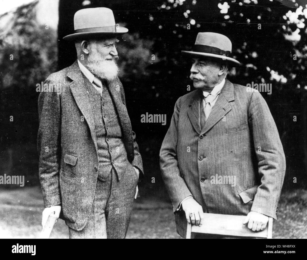 George Bernard Shaw (1856-1950) and Sir Edward Elgar (1857-1934), composer at the first Malvern Festival in 1929. Shaw was an Irish playwright and winner of the Nobel Prize for Literature in 1925. The Genius of Shaw page 77. Stock Photo