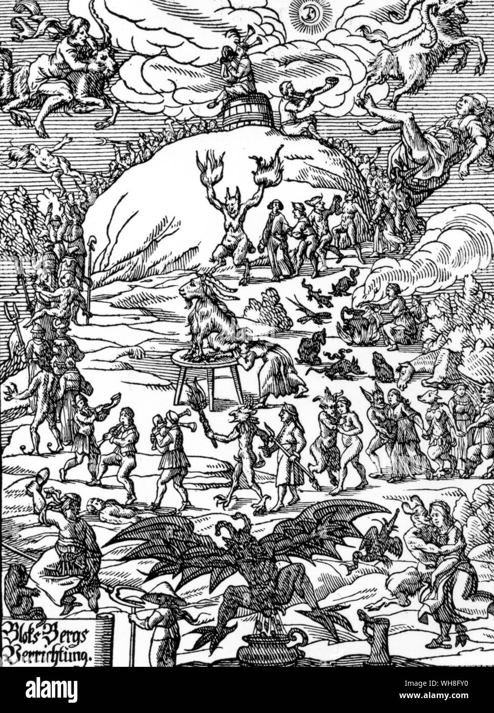 Walpurgis Night on the Bloacksberg 1669. In Germany, Walpurgisnacht, the night from April 30 to May 1, is the night when allegedly the witches hold a large celebration on the Blocksberg and await the arrival of Spring. Walpurgis Night is a holiday celebrated on April 30 or May 1, in Finland, Sweden, Estonia, Latvia and Germany. The festival is named after Saint Walburga. Born in Wessex in 710, Saint Walburga was a niece of Saint Boniface and, according to legend, a daughter to the Saxon prince Saint Richard. On Wings of Song by Wilfred Blunt page 77. Stock Photo