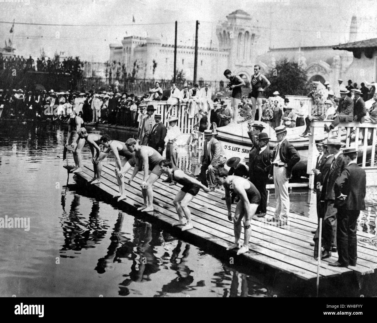 The swimming start of the100 yard sprint, won by Zoltan von Halmay (Hungary) extreme left. World Fair Olympic Games, St Louis, 1904. The Olympic Games page 53. Stock Photo