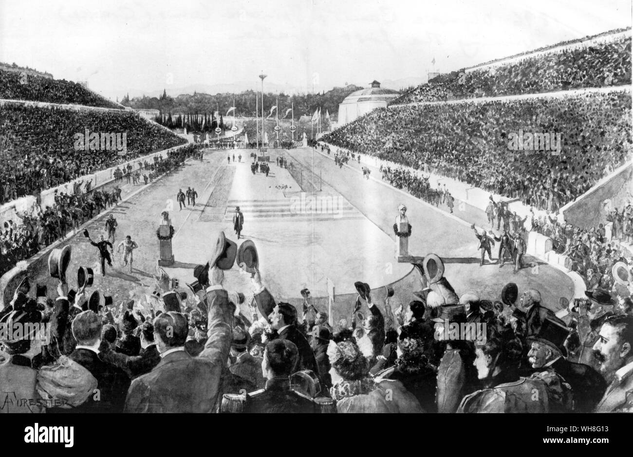 The first modern day Olympic Games in 1896. Spindon Louis (Greece) winning the first marathon.. . . Stock Photo