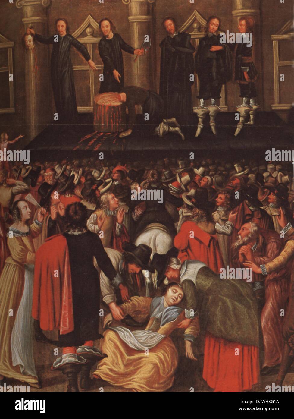 An artist's impression of the execution of Charles I (1600-1649). King of England, Scotland and Ireland. This War Without An Enemy by Richard Ollard, page 201.. When Charles was beheaded on 30 January 1649, a moan was heard from the assembled crowd, some of whom then dipped their handkerchiefs in his blood, thus starting the cult of the Martyr King. There is some historical debate over the identity of the man who beheaded the King, who was masked at the scene. Stock Photo
