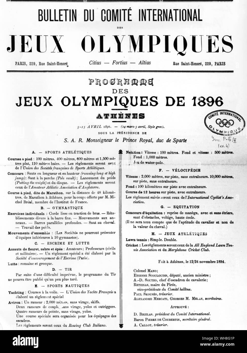 Programme for the 1896 Olympic Games. The Olympic Games page 24.. . Stock Photo