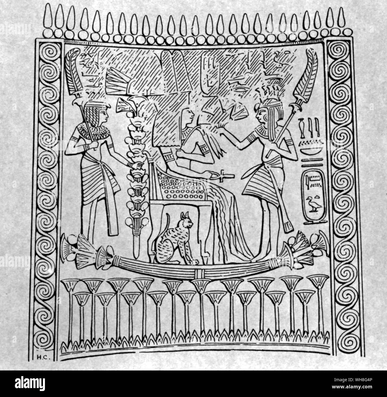 Detail on the back of one of Sitamun's chairs. The princess (the royal favourite) is paying homage to her mother Queen Tiye. Tutankhamen by Christiane Desroches Noblecourt, page 118. Stock Photo