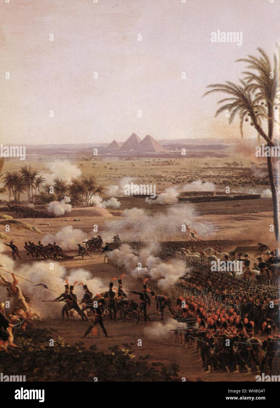 Battle of the Pyramids, 21 July 1798, when the French army, deployed in divisional squares, routed the Mameluke horsemen. Painting by Louis-François, baron Lejeune (1775-1848), a French general, painter, and lithographer.. Napolean's first major battle against the Mamelukes, there was a clash between a modern European Army and a medieval Middle Eastern Army. The French losses amounted to about 300 while estimated Egyptian losses were around 4,000 - 6,000. Bonaparte by Correlli Barnet, page 65. Stock Photo
