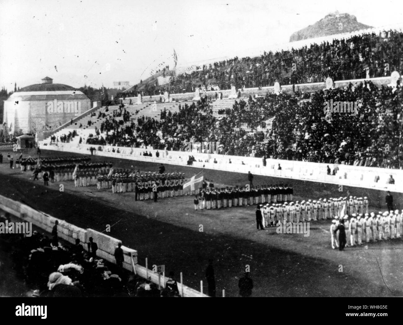 Opening Ceremony of the 1896 Olympic Games at the Panathenaic Stadium in Athens , Greece.. The date is 6 April 1896 by the new calendar but at the time the local date in Greece was 25 March 1896 as they were still using the Julian calendar.. Stock Photo