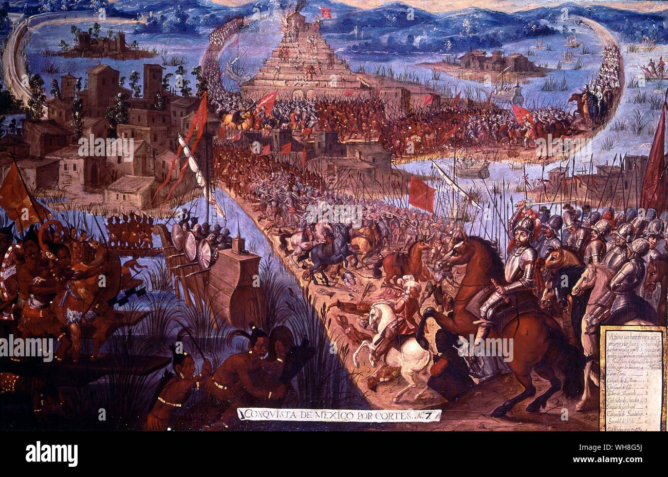 The Conquest of Tenochtitlán, unknown artist, from The Conquistadors by Hammond Innes, page 142. The painting shows the conquest of Tenochtitlán (now the site of Mexico City). The battle between the Spanish under Hernán(do) Cortés, marqués del Valle de Oaxaca (1484-1547) and the Mexica under the last Aztec leader Cuauhtémoc (c.1502-1525) is more properly called a siege. It began in May of 1521 and lasted into August. With newly built ships, the Spanish controlled the lake surrounding the island and blockaded the city. Ultimately Cortés ordered the complete destruction of Tenochtitlán, Stock Photo