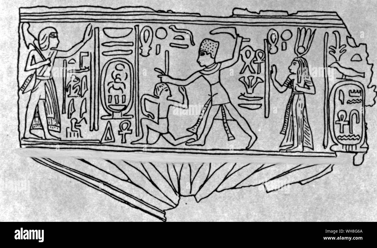 A fragment of a sheet of gold showing Tutankhamen, escorted by his wife, performing a ritual act in the presence of the Divine Father Ay. Tutankhamen by Christiane Desroches Noblecourt, page 202.. . Stock Photo