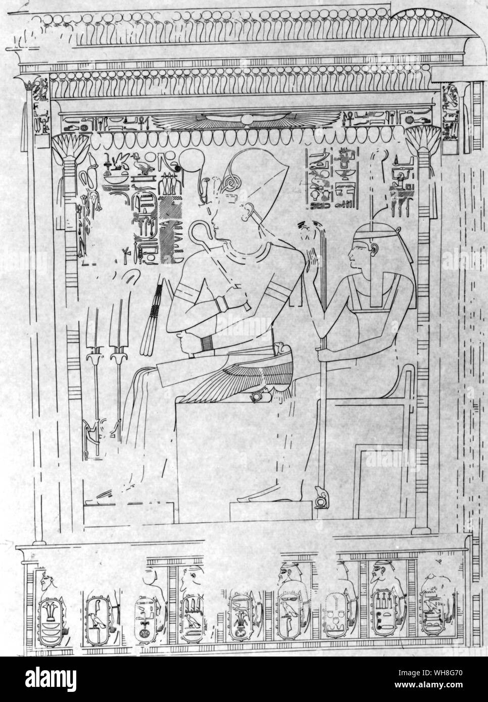 Amenophis III with the Maet enthroned beneath the double canopy of his palace, in the Theban style. Tutankhamen by Christiane Desroches Noblecourt, page 127.. Stock Photo
