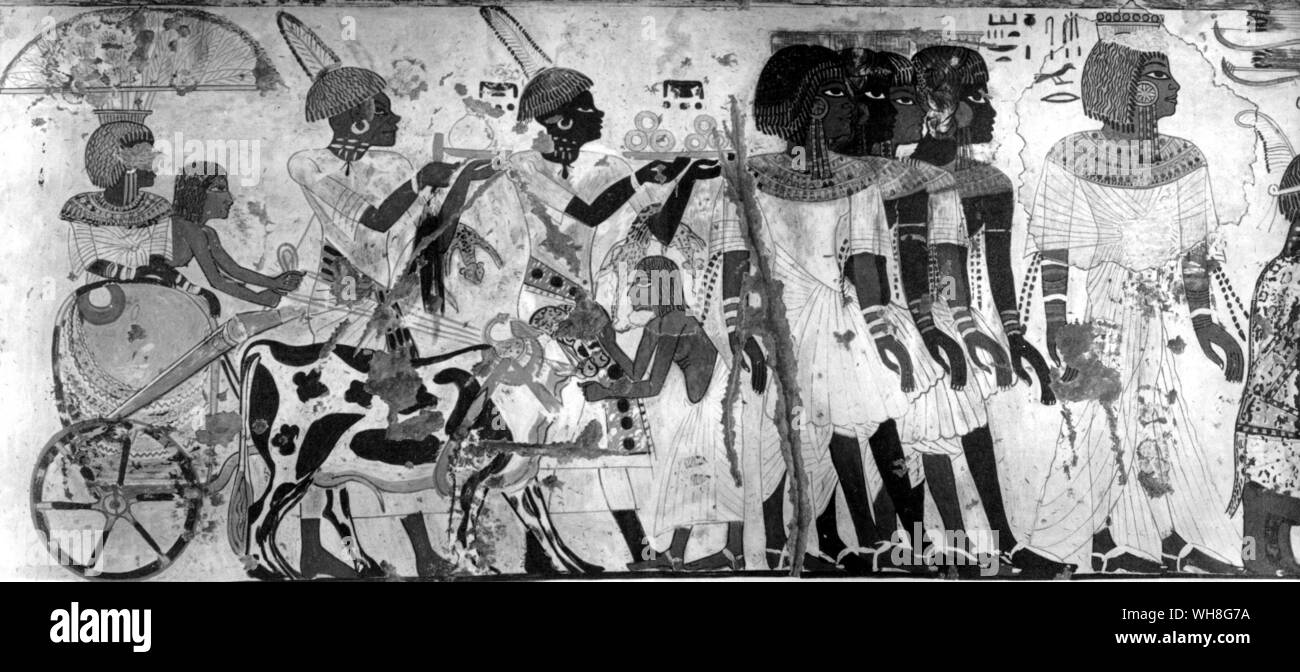 Procession of the young Nubian princes in the tomb of Huy, viceroy of Nubia. Huy was the son of a high official under Amenophis III and a faithful friend of the young king Tutankhamen. Tutankhamen by Christiane Desroches Noblecourt, page 196.. Stock Photo