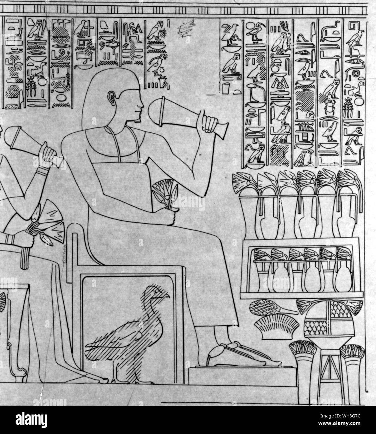 The sacred goose of Amun effaced from beneath the seat of the vizier at Thebes at the time of the Amarnan heresy (Theban tomb of Ramose). Tutankhamen by Christiane Desroches Noblecourt, page 157.. Amun (also spelt Amon, Amoun, Amen, and rarely Imenand, and spelt in Greek as Ammon, and Hammon) was the name of a deity, in Egyptian mythology, who gradually rose to become one of the most important, before disappearing back into the shadows. Stock Photo