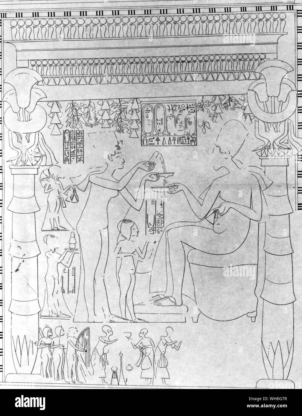Queen Nefertiti strains a drink for the King Akhenaten. Tutankhamen by Christiane Desroches Noblecourt, page 205.. Stock Photo