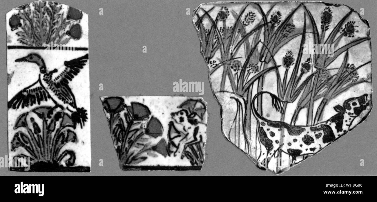 Pieces of glazed terracotta bricks decorated with Amarnan motives. Tutankhamen by Christiane Desroches Noblecourt, page 165.. Stock Photo