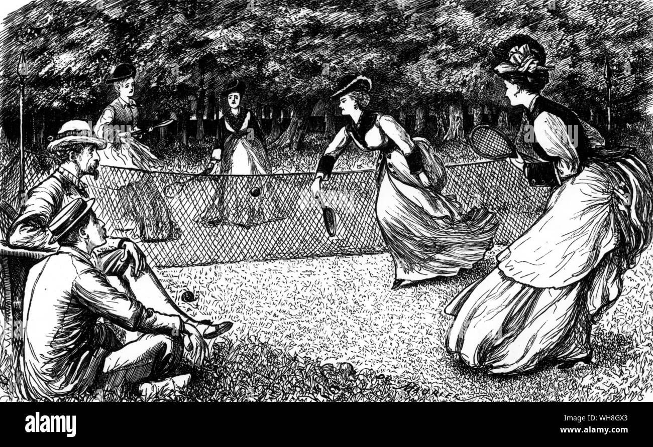 Fashion Cartoon which appeared in Punch 10 October 1874, showing women's foursome wearing heavily cuffed and bustled outfits. The Encyclopedia of Tennis page 238. Stock Photo