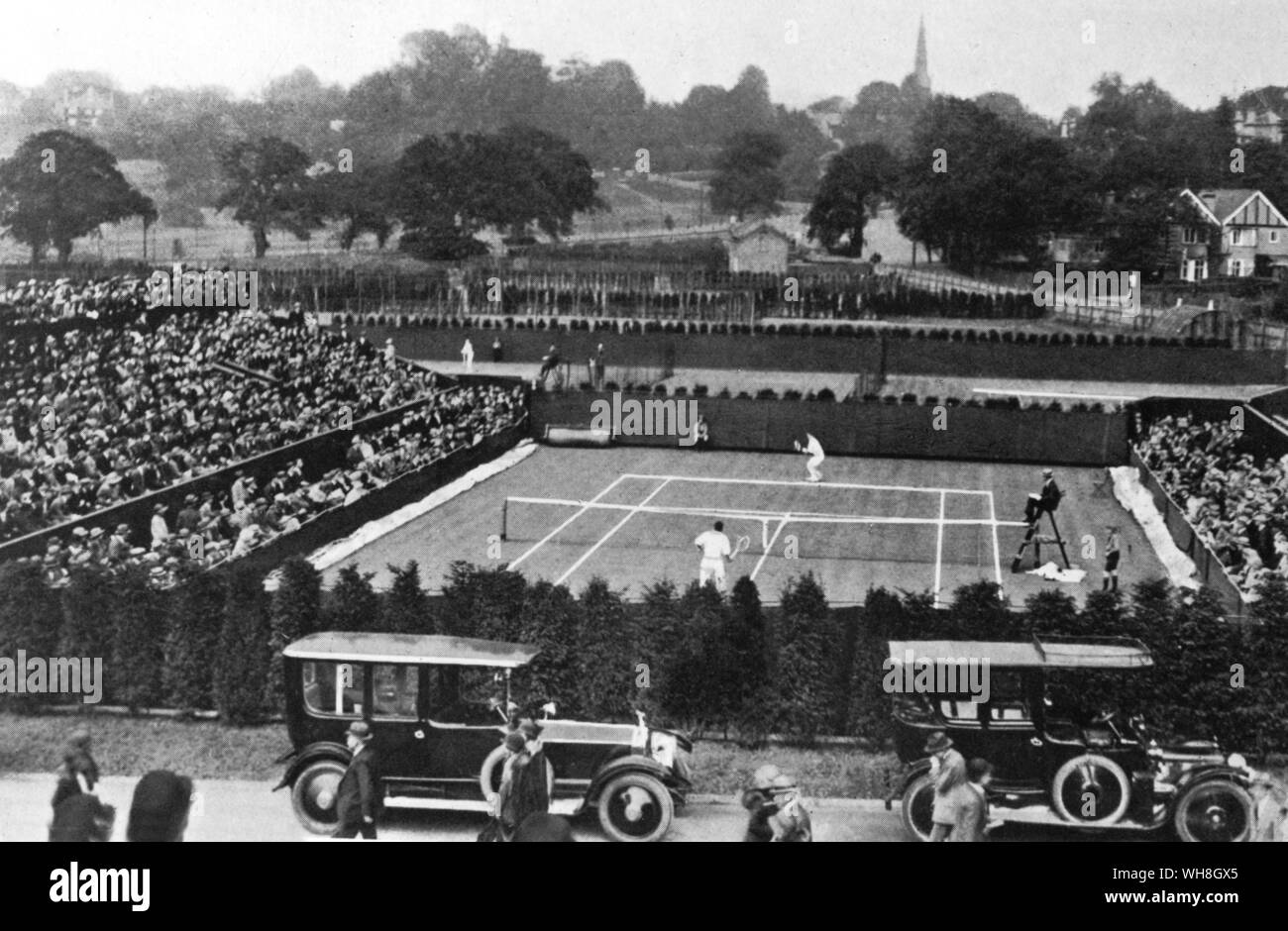 Wimbledon No 2 Court at the new Wimbledon at Church Road in 1923.  S M Jacobs (India) vs V Richards (US)  The Encyclopedia of Tennis page 349. Stock Photo