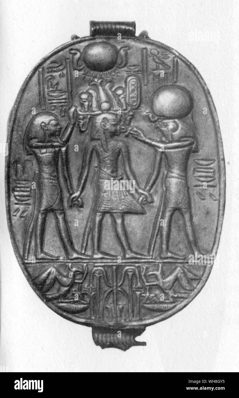 Base of the decorated scarab found in Tutankhamun's tomb. The Treasures of Tutankhamen, The Exhibition Catalogue by I E S Edwards, page 129. Stock Photo