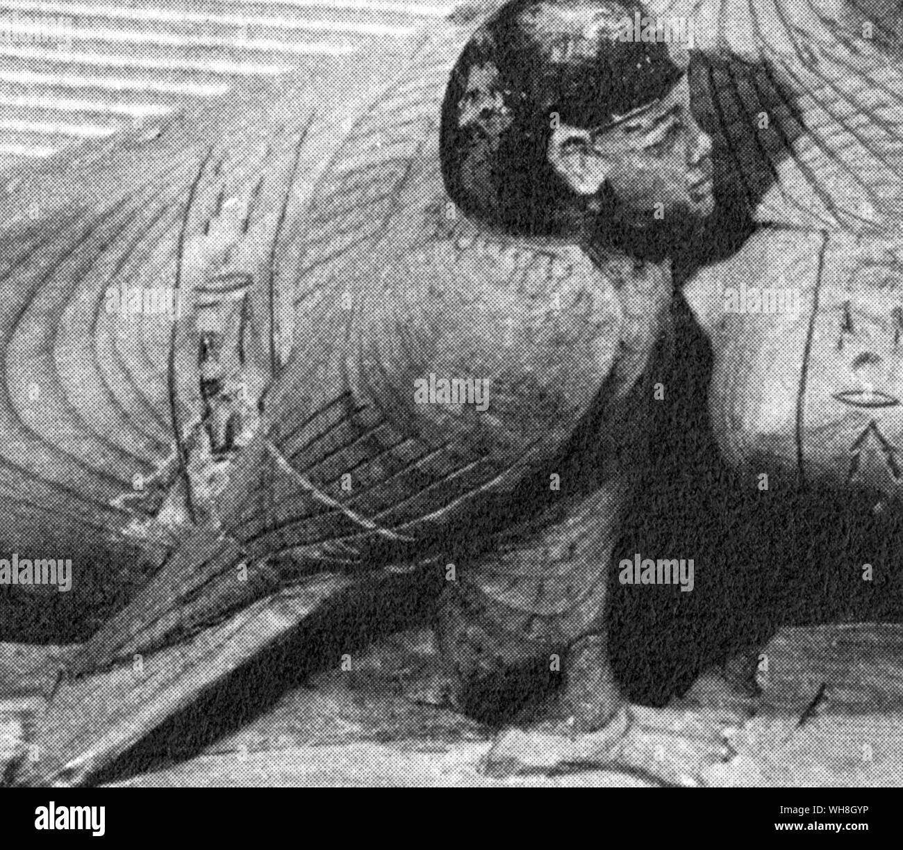 Human headed bird on the miniature effigy of the King lying on a bier. The Treasures of Tutankhamen, The Exhibition Catalogue by I E S Edwards, page 81. Stock Photo