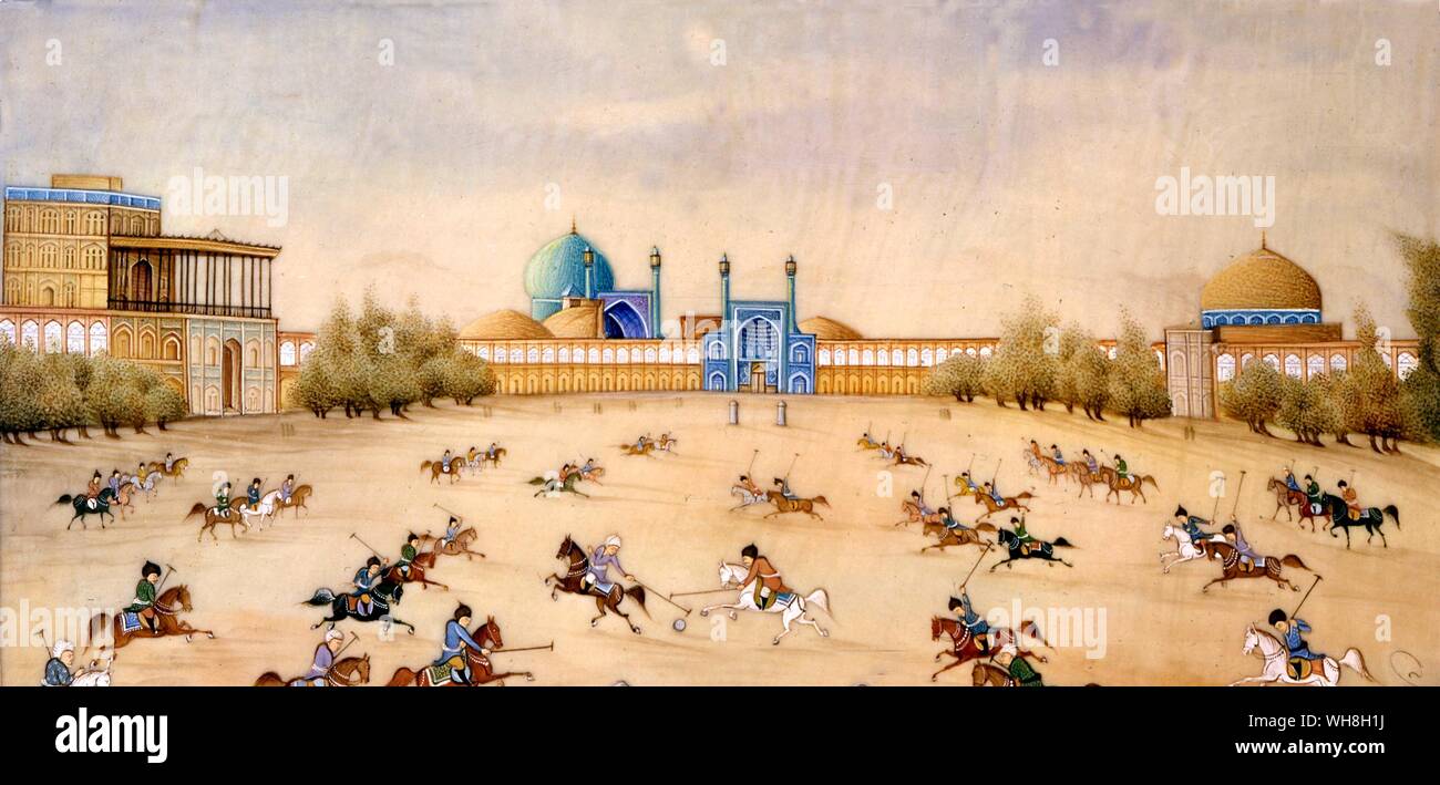 A seventeenth century game of polo on the Maiden at Isfahan, where remains of the ancient stone goal posts can still be seen. Encyclopaedia of the Horse, edited Lieutenant Colonel LEG Hope and C N Jackson, page 262. Stock Photo