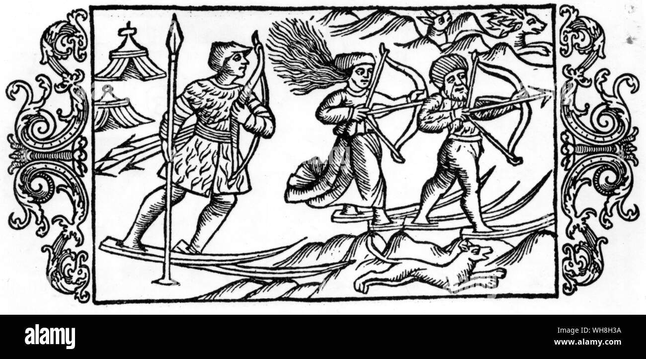 The Norsemen were adept at surviving the cold: here they hunt on skis. The Opening of the World by David Divine, page 66. Stock Photo