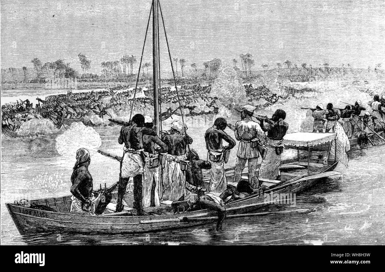 Sir Henry Morton Stanley and his party fight off an attack by Congo war canoes. Sir Henry Morton Stanley (also known as Bula Matari Breaker of Rocks in Congo), was born John Rowlands (1841-1904). A 19th-century Welsh-born American journalist and explorer, he is famous for his exploration of Africa and his search for David Livingstone. The African Adventure - A History of Africa's Explorers by Timothy Severin, page 210. Stock Photo