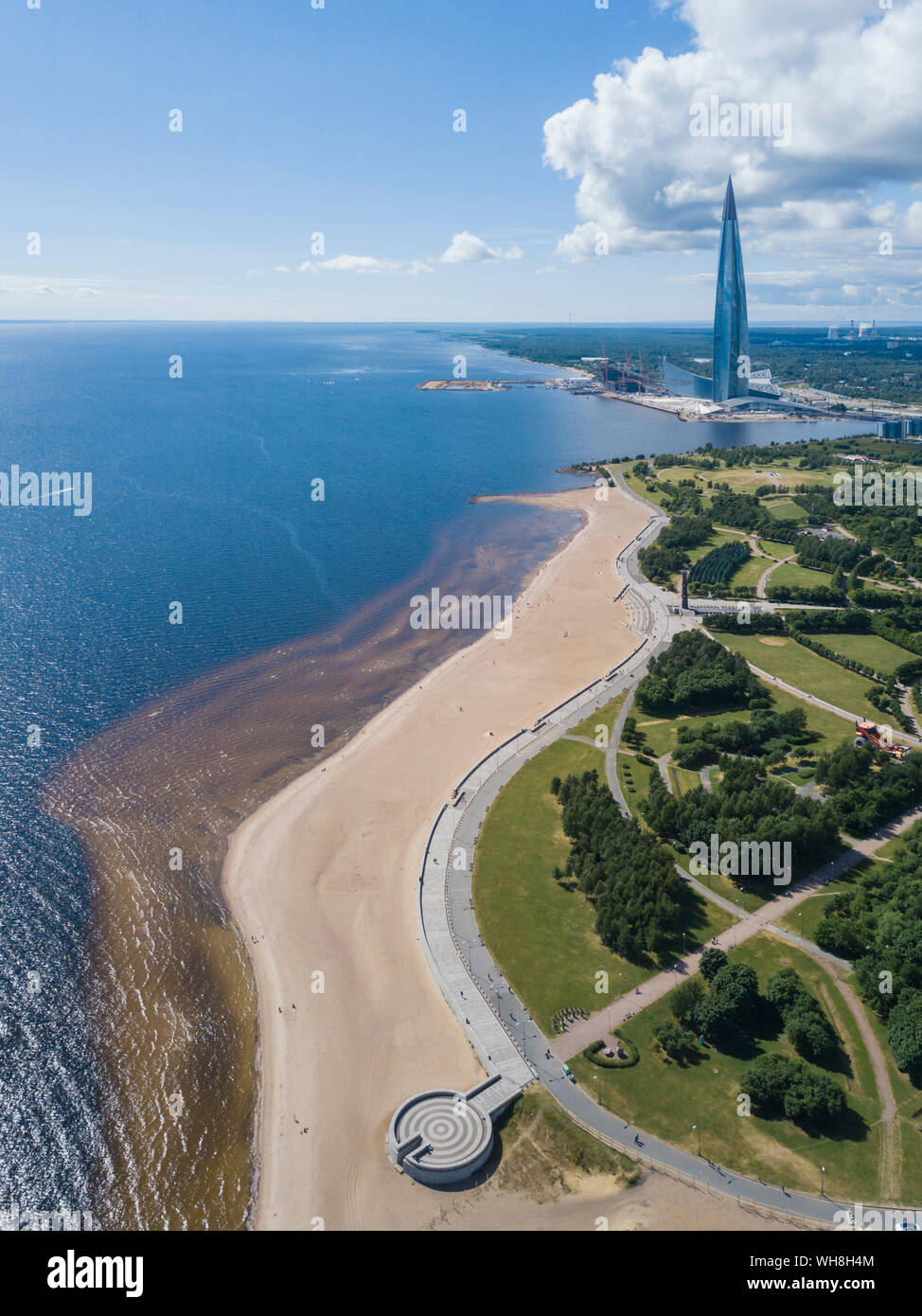 Aerial view over beach and Lakhta Center, St. Petersburg, Russia Stock ...