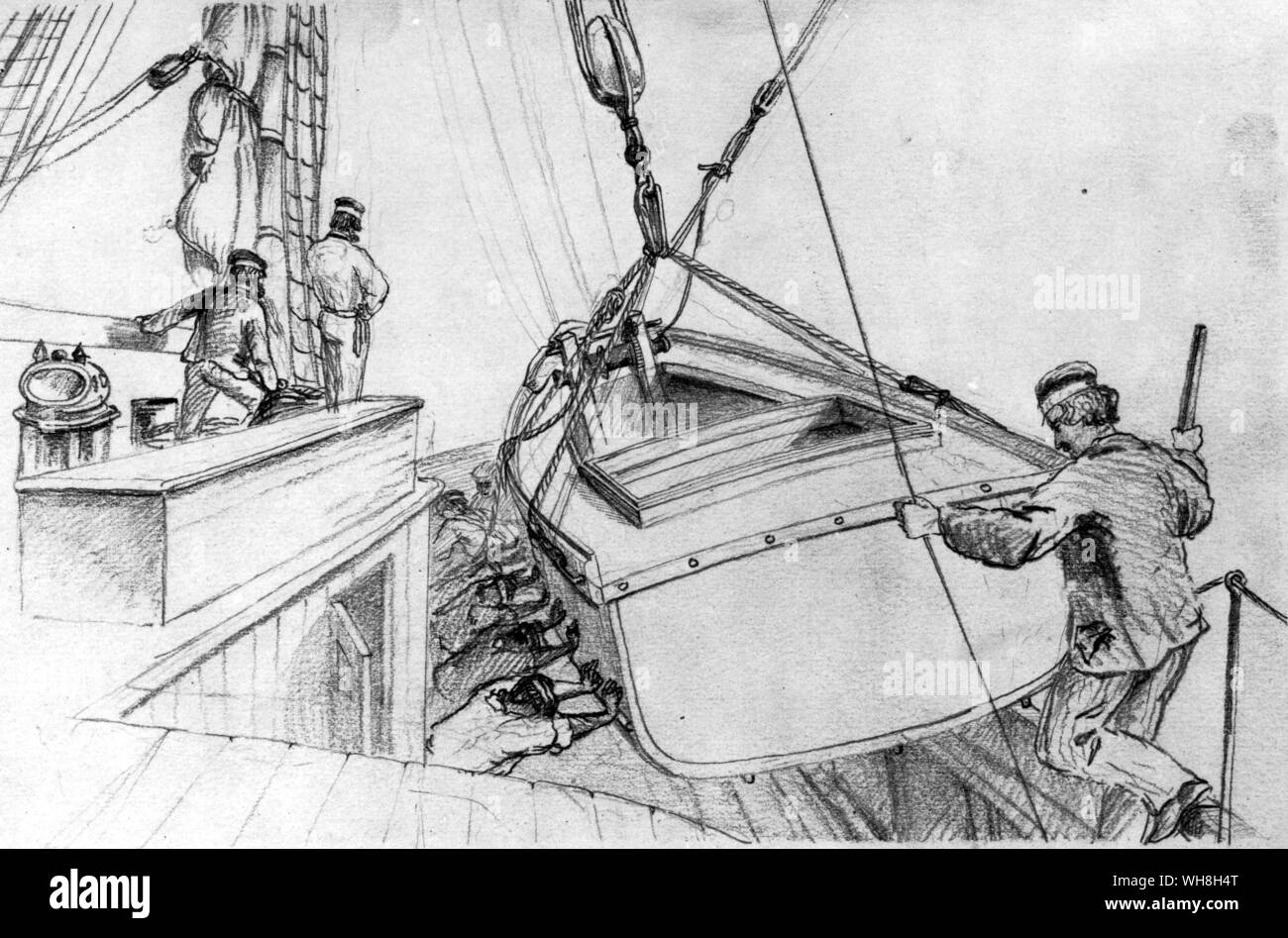 Livingstone (foreground) supervises the hoisting of the foremost section of the steam launch Ma Robert from his supply ship, Pearl, at the mouth of the Zambezi - a.m. 16 May 1858. Pencil drawing by Thomas Baines (1822-1875). David Livingstone (1813-1873), Scottish missionary and explorer, travelled extensively in Africa and discovered the Victoria Falls and the Zambezi River. The African Adventure - A History of Africa's Explorers by Timothy Severin, page 195. Stock Photo