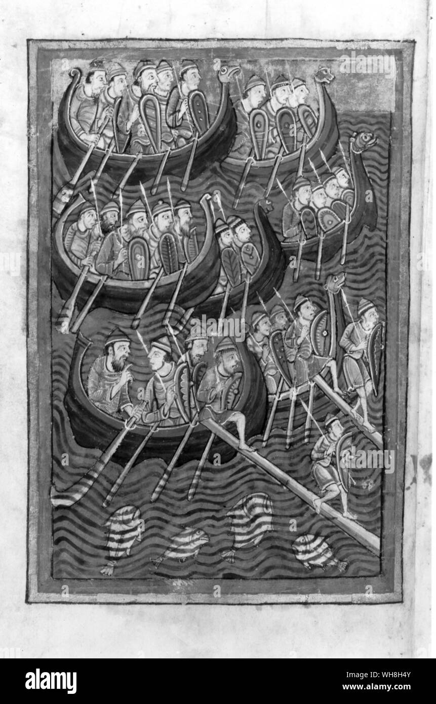 A medieval view of Viking raiders. The Opening of the World by David Divine, page 62 and 66. Stock Photo