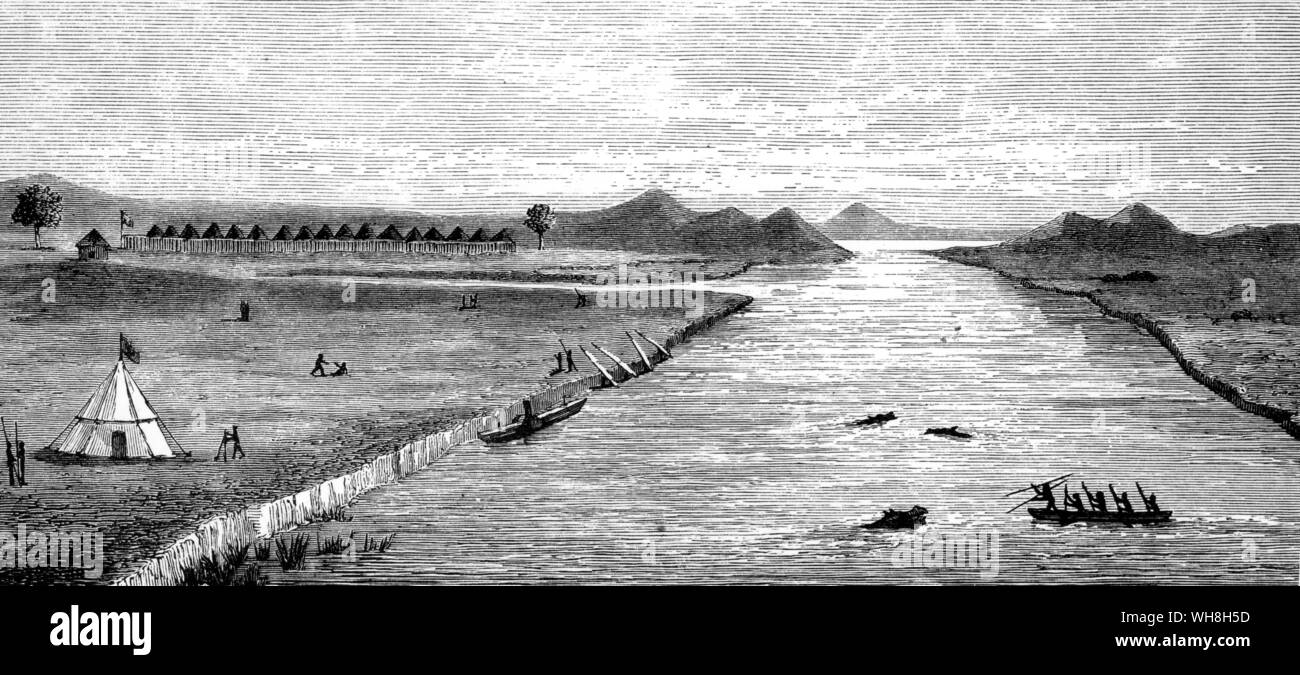 View of Gondokoro - a trading-station on the east bank of the White Nile in southern Sudan, 750 miles south of Khartoum. . The African Adventure - A History of Africa's Explorers by Timothy Severin, page 192. Stock Photo