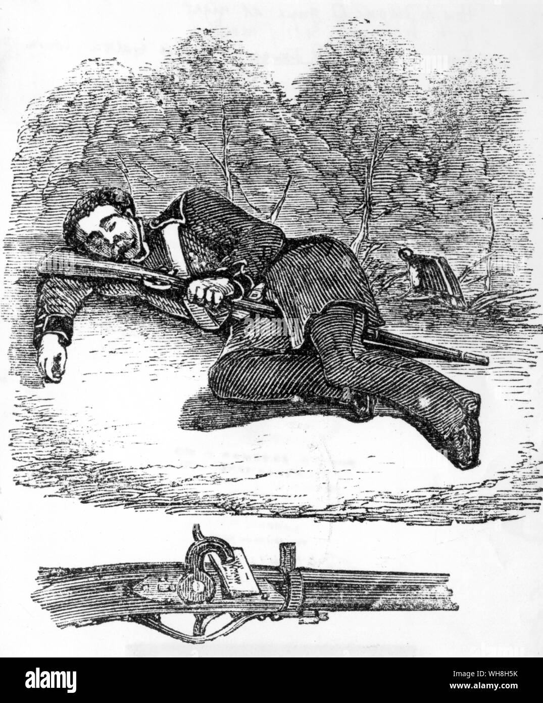 Francis Galton's recommended method of sleeping while holding a gun, the hammer safely masked, in case it should be stolen and used against the defenceless traveller. Sir Francis Galton F.R.S. (1822-1911), half-cousin of Charles Darwin, was an English Victorian polymath, anthropologist, eugenicist, tropical explorer, geographer, inventor, meteorologist, proto-geneticist, psychometrician, statistician and founder of science of eugenics. The African Adventure - A History of Africa's Explorers by Timothy Severin, page 243. Stock Photo