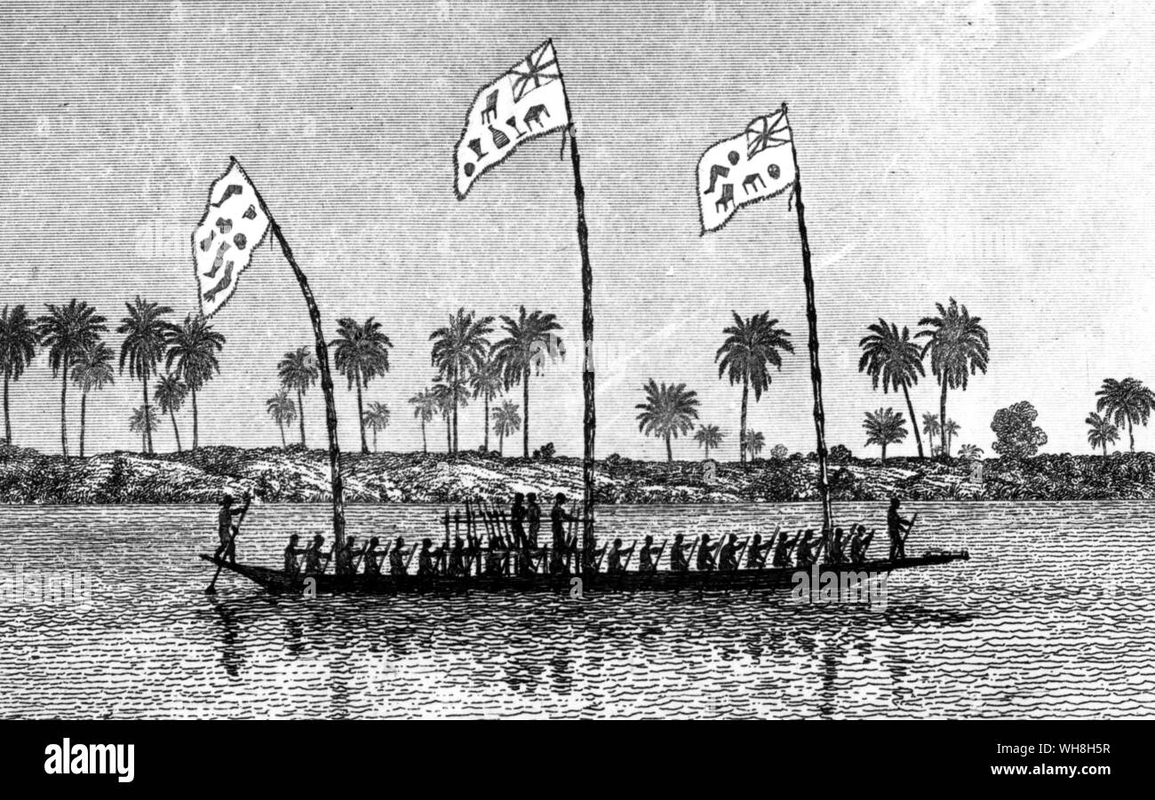 The Lander brothers (Richard and John), were captured and ransomed by Ibo river pirates in war canoes flying battle standards copied from European ships. John Lander (1807-1839) was the younger brother of Cornish explorer Richard Lemon Lander and accompanied him on his first expedition to western Africa. In 1830 the brothers went on an expedition to determine the course of the Niger River. The African Adventure - A History of Africa's Explorers by Timothy Severin, page 131. Stock Photo