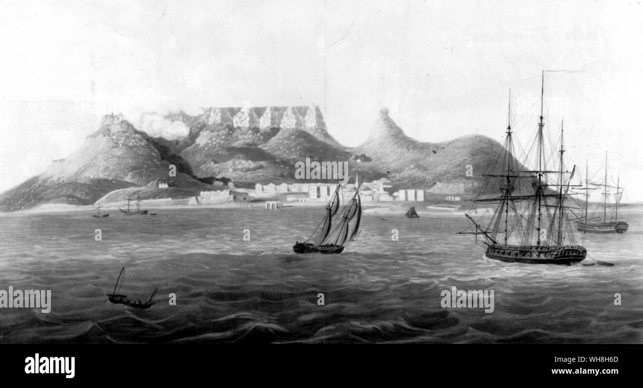 A view of Cape Town and Table mountain at the end of the eighteenth century. The African Adventure - A History of Africa's Explorers by Timothy Severin, page 135. Stock Photo