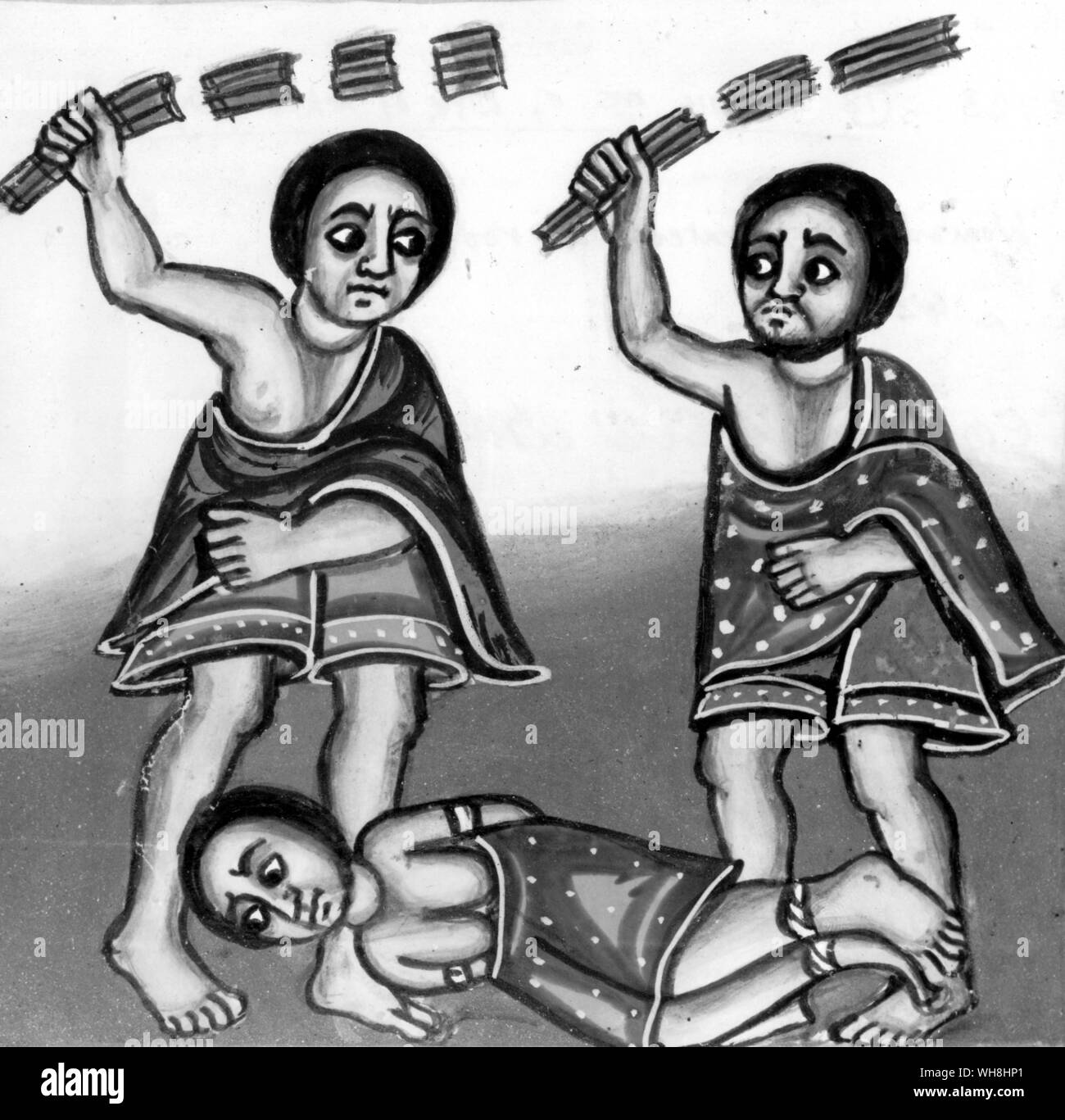 The tribulations of Ethiopia - woman being beaten with rods - Ethiopian manuscripts. The African Adventure - A History of Africa's Explorers by Timothy Severin, page 43. Stock Photo