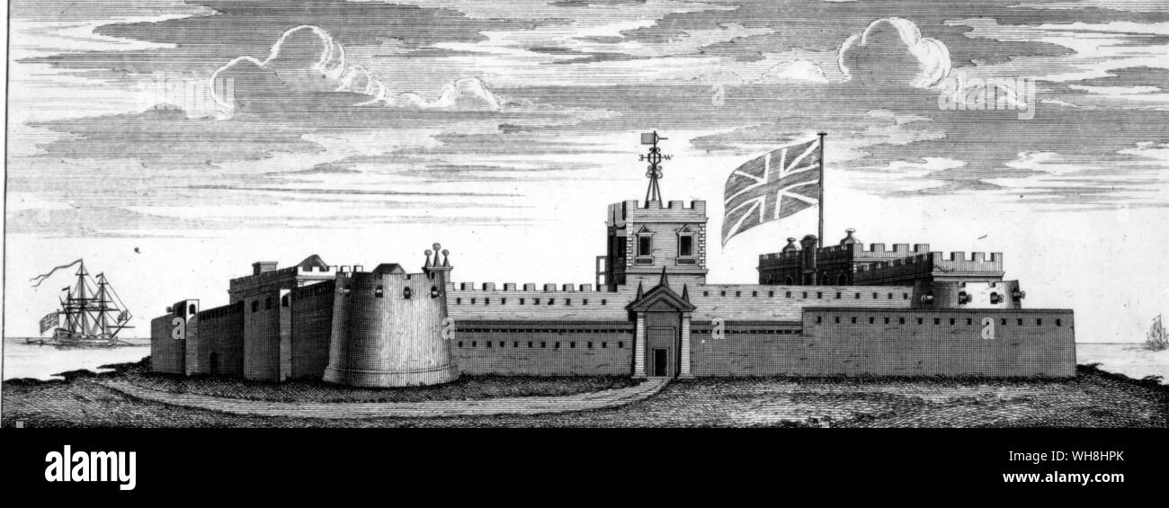 The north-west prospect of Cape Coast castle, the main british trading fort on the West African coast. The African Adventure - A History of Africa's Explorers by Timothy Severin, page 62. Stock Photo