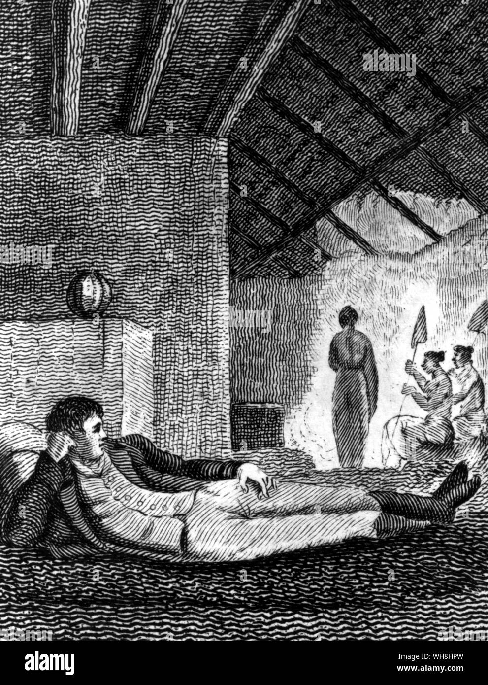 Romantic view of Mungo Park (1771-1806), Scottish African explorer and surgeon, from popular books of his day, resting in a tent. He found he had a way with native women who always treated him with great kindness. The African Adventure - A History of Africa's Explorers by Timothy Severin, page 88. Stock Photo