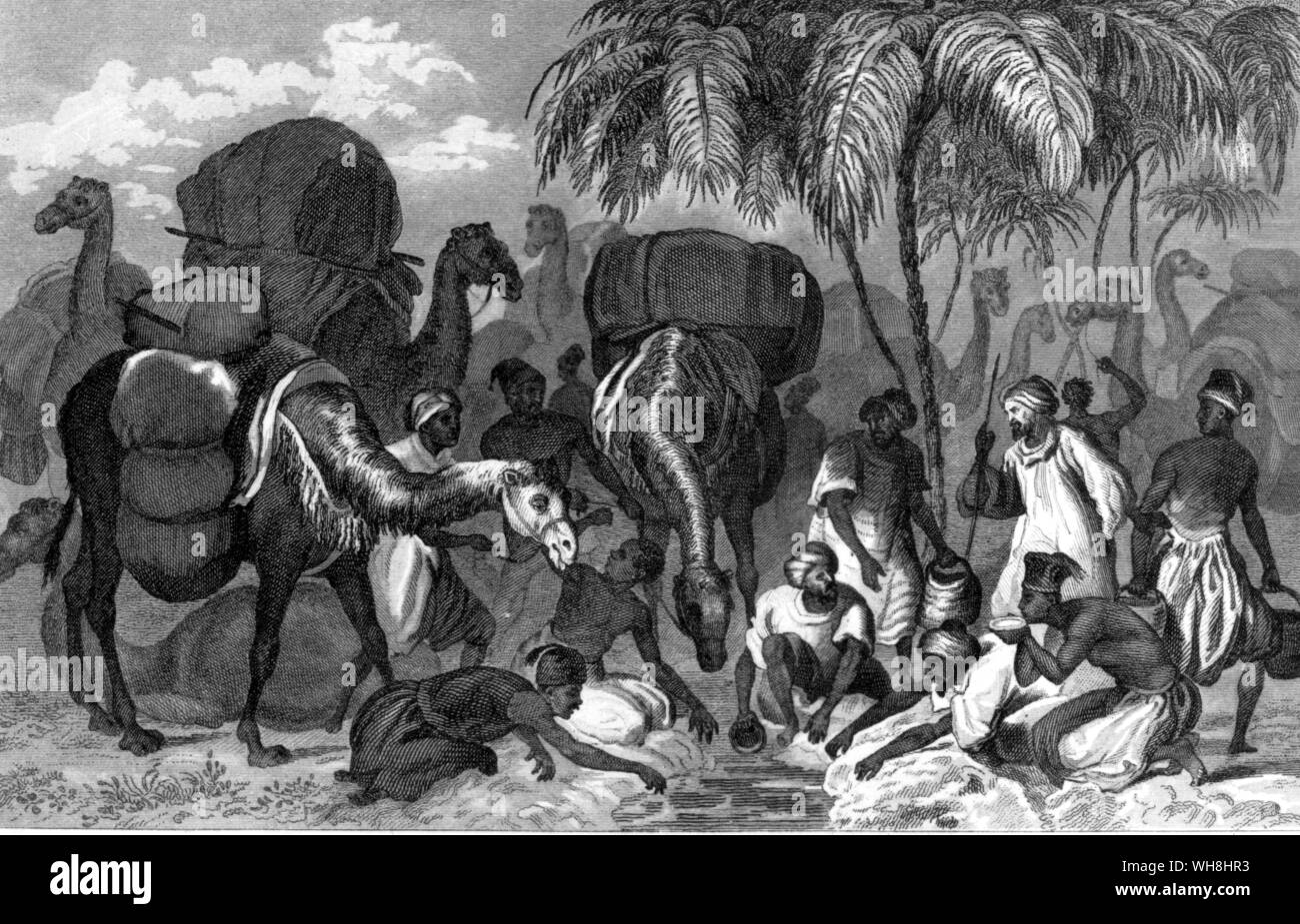 Rene Caillie's caravan at the well of Telic. René Caillié (1799-1838) was a French explorer, and the first European to return alive from the town of Timbuktu. The disguised Caillie is probably the figure standing with a staff. The African Adventure - A History of Africa's Explorers by Timothy Severin page 129. Stock Photo