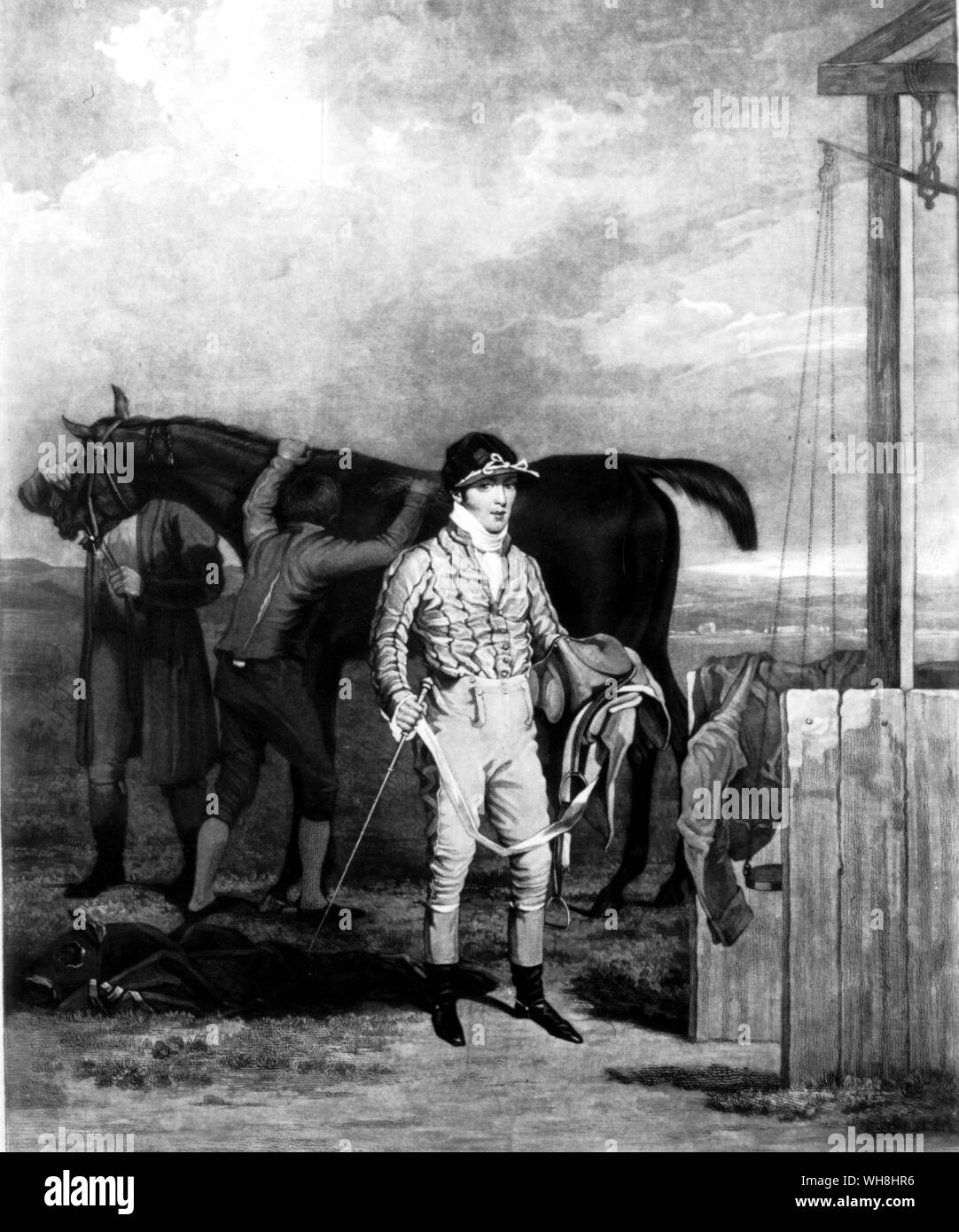 Sam Chifney Junior. 'Sylvanus' said: 'As for Sam, he was out-and-out the beau ideal of a jockey when in his prime. and for elegance of seat, perfection of hand, judgement of pace, and power in his saddle, was excelled by no man who ever sat in one.' Chifney (1786-1855) is here shown at 21, returning to scale. Five years later he blatently stopped the favourite Manuella in the Derby of 1812. He won the Derbys of 1818 and 1820 for 'Squire' Thornhill, who gave enough money to outweigh the bribes of the legs. He became so lazy that his last years were spent in a kind of stupor. The History of Stock Photo