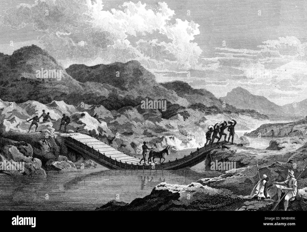 A view of the bridge over the Ba Fing or Black River. From Park's Travels - the figure in the bottom right-hand coner is supposed to be Mungo Park (1771-1806) himself, the Scottish African explorer and surgeon. The African Adventure - A History of Africa's Explorers by Timothy Severin page 91. Stock Photo