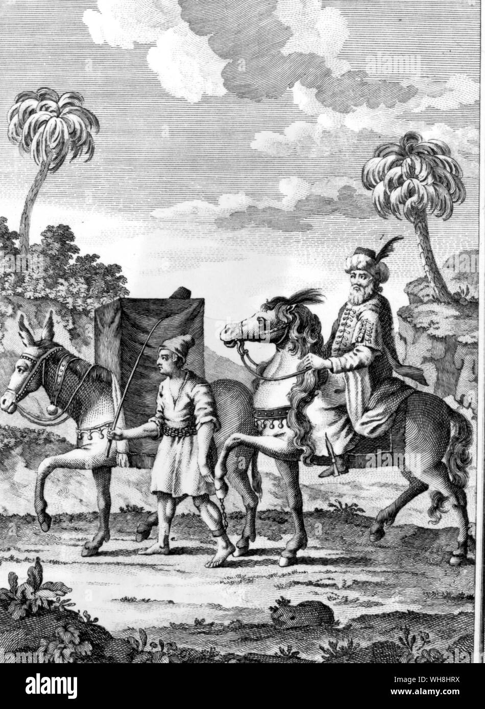 Well-to-do horseman in Barbary with his wife riding concealed in a travelling tent. The African Adventure - A History of Africa's Explorers by Timothy Severin, page 80. Stock Photo