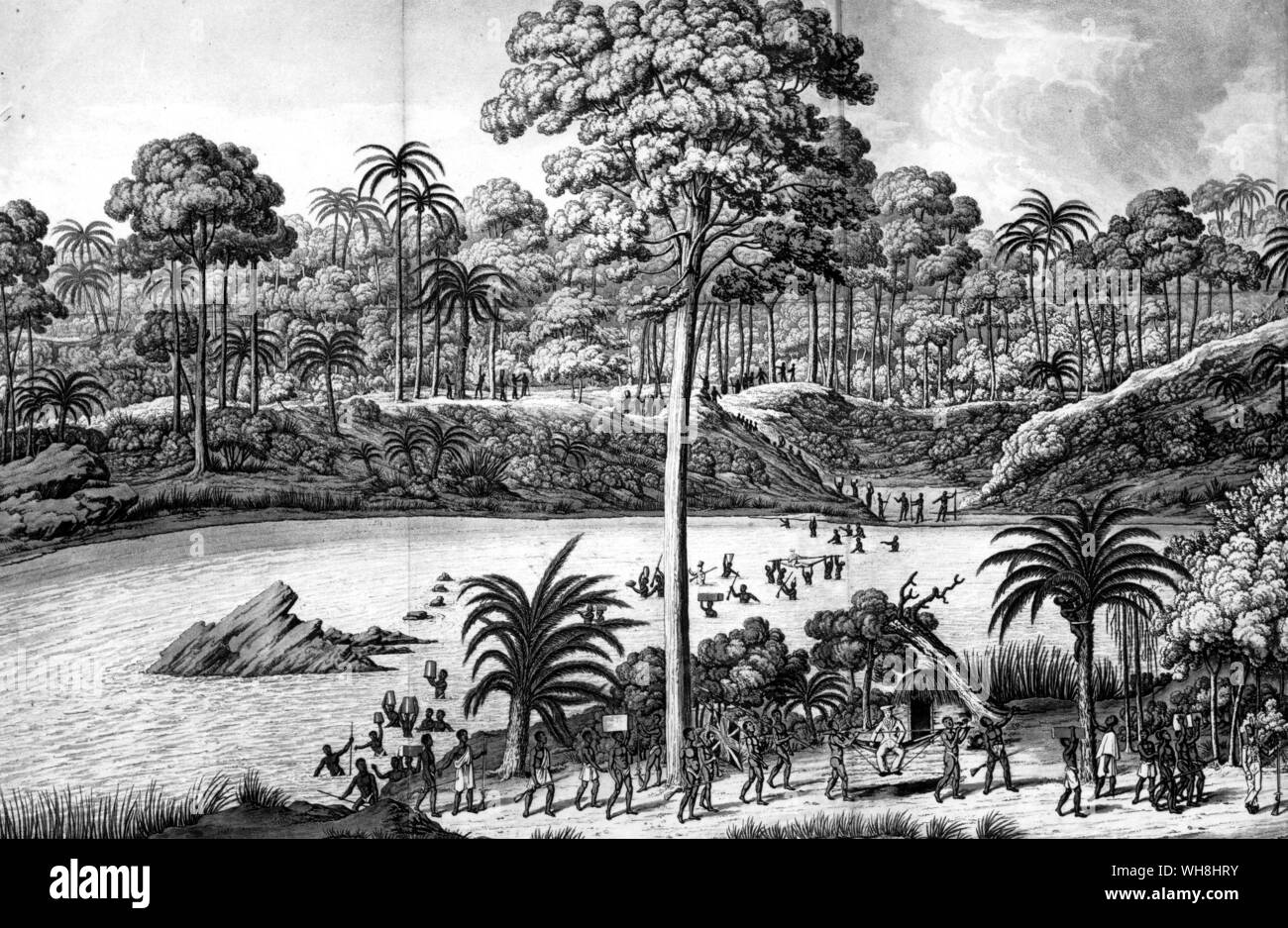 Explorers on the march. 'A South prospect of the River Praa and the Forest of Assin'. The African Adventure - A History of Africa's Explorers by Timothy Severin page 22. Stock Photo