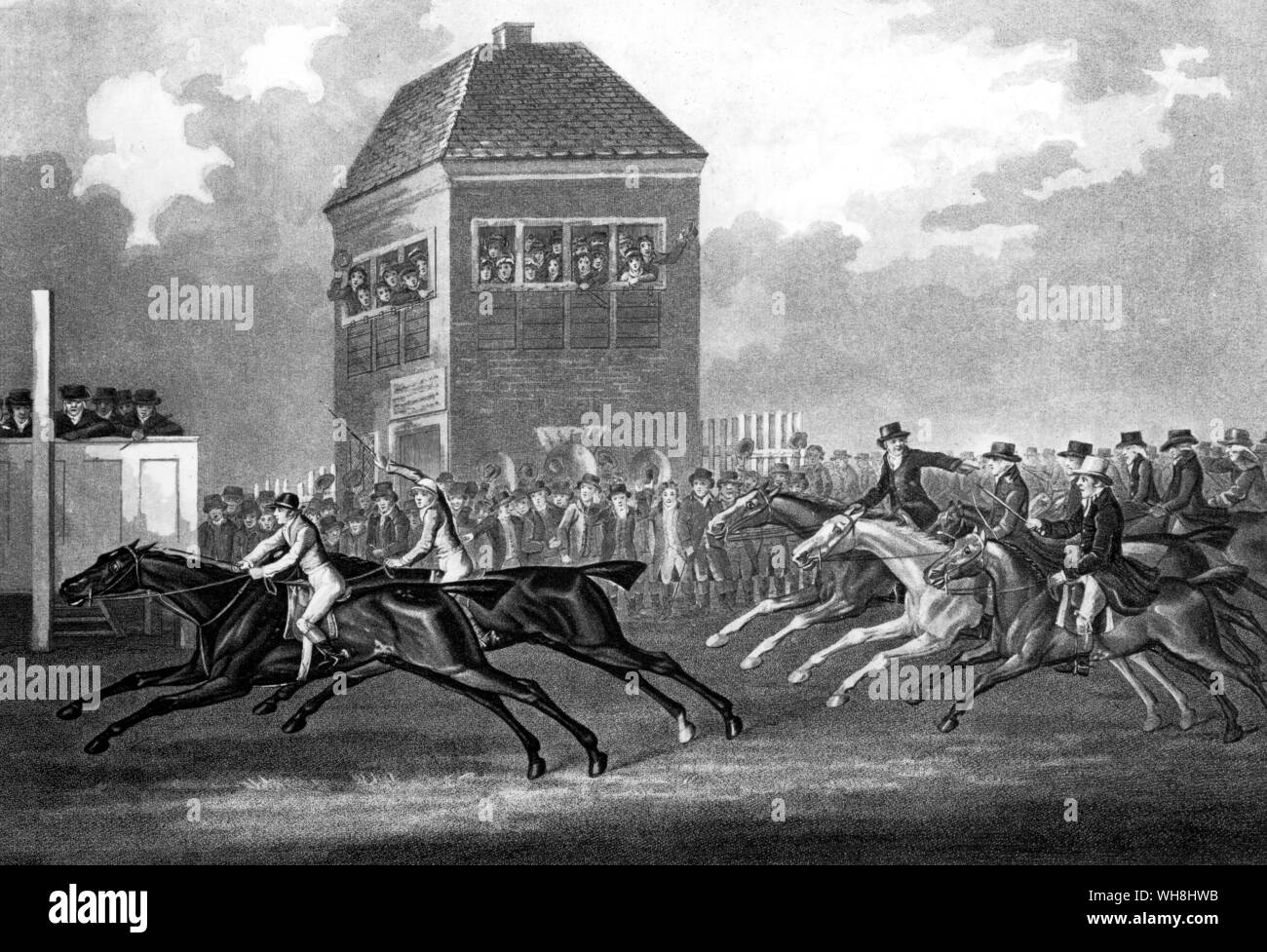 The Hambletonian-Diamond Match. 'The famous match between Sir Harry Tempest Vane's horse Hambletonian carring 8 stone 3 pounds rode by Mr Buckle beating Diamond, the Property of Joseph Cookson Esq over the Beacon Course, Newmarket, on Monday the 25th March 1799 being the Craven Meeting. This race was run for three thousand guineas a side half forfeit. Diamond was rode by Mr Dennis Fitzpatrick and carried 8 stone. Betting was 5 to 1 on Hambletonian at Starting. The Beacon Course is nearly Straight and is four miles and near two furlongs in length. The race was run in eight minutes and a half.' Stock Photo