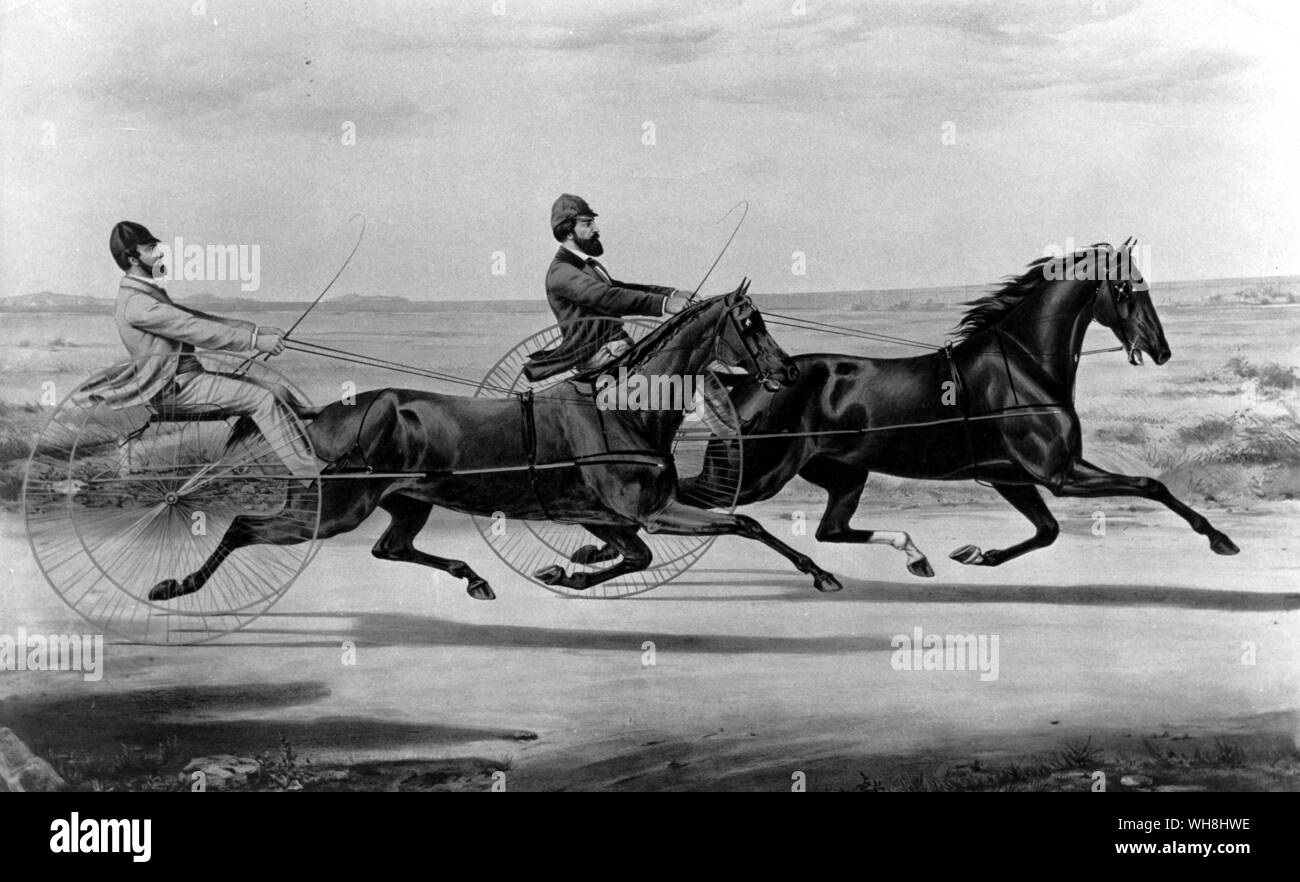 Flora, Temple and Princess...In their great match for $5000, over the Eclipse Course, L.I. June 23rd 1859. Two mile heats in harness.' This was the second of their three meetings in June and August. Princess (once Topsy) won both heats. Her fastest mile was 2.26. Flora in August did 2.22. Princess, here leading, is driven by Jimmie Eoff, Flora by D. Tallman. Princess was 12, Flora a little older. The History of Horse Racing by Roger Longrigg, page 240. Stock Photo